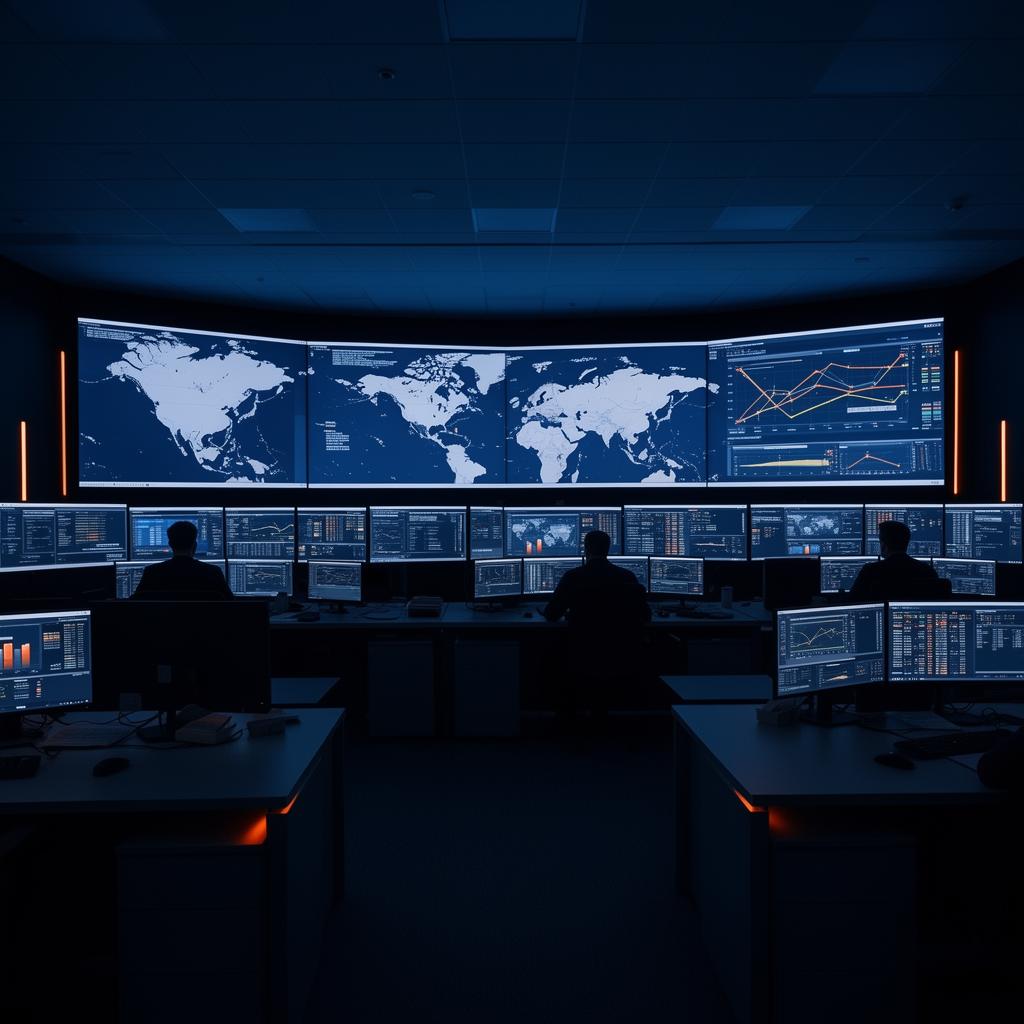 Operators inside a digital logistics control tower with wall-sized world maps